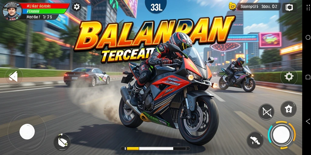 Gameplay 33L menunjukkan balapan motor yang seru dengan trek menantang.