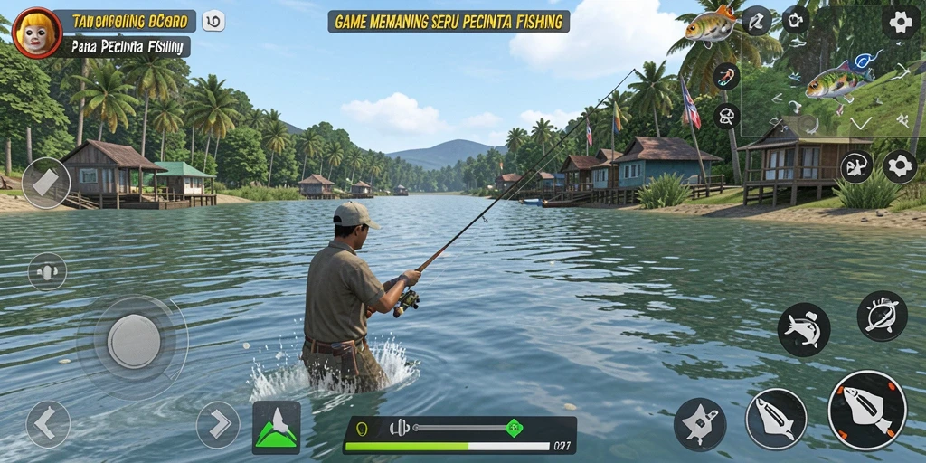 Tampilan gameplay V21 dengan berbagai ikan yang menarik dan lokasi menakjubkan.
